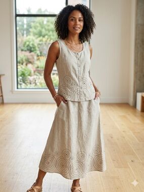 Ecologie 100% Linen Embroidered Skirt & Vest Set Neutral Coastal Boho Sz XL/14